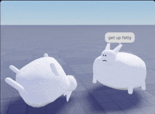 a cartoon rabbit says get up fatty while another rabbit is laying down