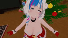 a naked anime girl with blue and pink hair is standing in front of a christmas tree