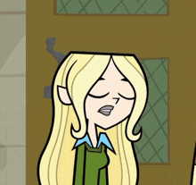 a cartoon girl with blonde hair and a green shirt is standing in front of a door