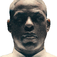 a close up of a man 's face with a white shirt