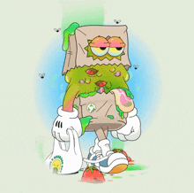 a cartoon character with a bag on his head is eating a hamburger