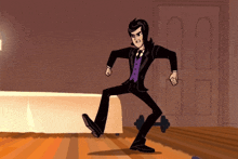 a cartoon character in a black suit and purple vest is dancing