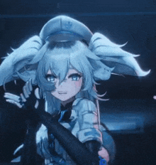 a girl with long white hair and a hat is holding a bat in her hand .