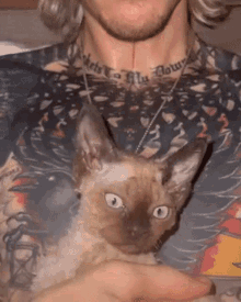 a man with a tattoo on his neck is holding a small brown cat .