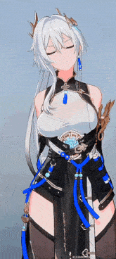 a girl with white hair is wearing a black and blue dress