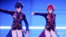 a couple of anime characters standing next to each other with psyche 's butterfly eden in the corner