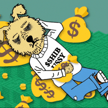 a dog wearing a shirt that says $ shib assy is laying on a pile of money