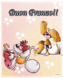 a cartoon illustration with the words buon pranzo written above it