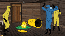 a cartoon of a group of men in yellow and blue suits with a yellow barrel in the middle
