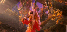 a cartoon character is singing into a microphone .