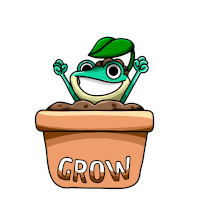 a frog with a green leaf on its head is in a pot that says grow