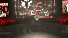 a girl in a green jacket stands in front of a stage that says 3d