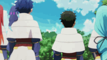 a group of anime characters are standing in a field looking at something