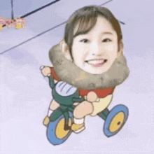 a cartoon of a woman riding a tricycle with her face on it