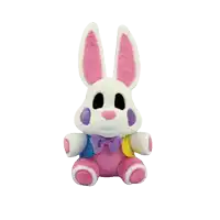 a stuffed white bunny with pink ears and a purple nose