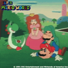 a poster for super mario world shows princess peach yoshi and mario