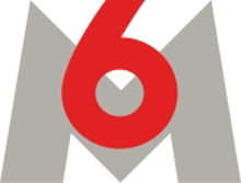 a gray and red logo with the number 6 in the center
