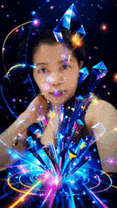 a woman stands in front of a display of glowing objects