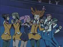 a group of anime characters are standing in a line and one of them is laughing