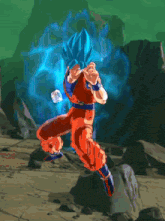 a cartoon character with blue hair and red pants is jumping in the air