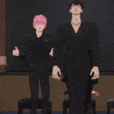 a man in a black suit is standing next to another man