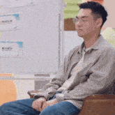 a man wearing glasses is sitting in a chair in front of a whiteboard with chinese writing on it .