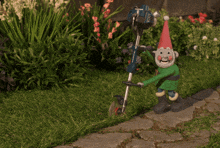 a gnome with a red hat is cutting grass with a lawn mower