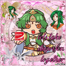 a cartoon of a girl with green hair holding a box of ibuprofen