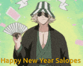 a cartoon character holding a fan with the words happy new year salopes