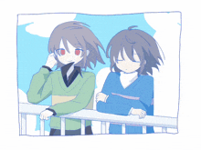a drawing of two girls standing next to each other on a balcony