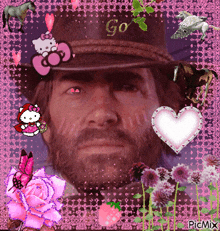 a picture of a man with a hat that says " go "