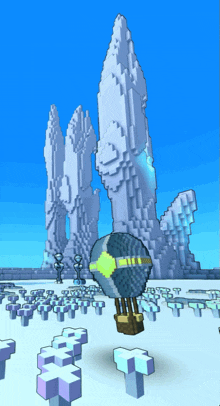 a cartoon drawing of a hot air balloon in front of a snowy landscape