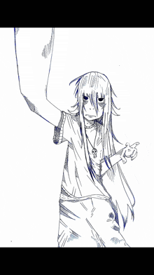 a black and white drawing of a girl with long hair and a skull necklace