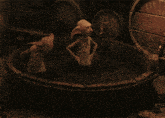 a painting of two elves in a bathtub with barrels in the background