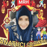a woman wearing a hijab is smiling in front of a red sign that says mrh .