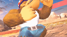 a cartoon character with a white shirt and blue shorts