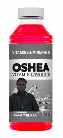 a bottle of osheea vitamin water with a man on the label