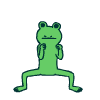 a green frog is kneeling down with a white balloon in its butt .