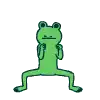 a green frog is kneeling down with a white balloon in its butt .