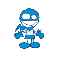 a blue cartoon character with a scarf around his neck is smiling .