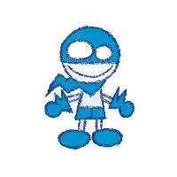 a blue cartoon character with a scarf around his neck is smiling .
