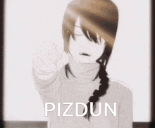 a black and white drawing of a girl pointing at the camera with the word pizdun written below her