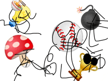 a drawing of a mushroom a bomb and a baseball