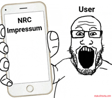 a cartoon of a man holding a phone that says nrc impressum on it