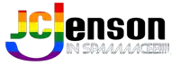 a rainbow colored logo for jc jenson in spaaaace