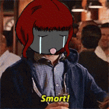 a cartoon character with red hair is holding a glass and says smrt