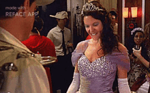 a woman in a purple dress and white gloves is smiling at a man in a cowboy hat .