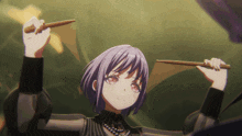 a girl with purple hair is holding a pair of drumsticks over her head