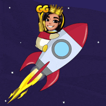 a cartoon of a woman riding a rocket with gg written on the top