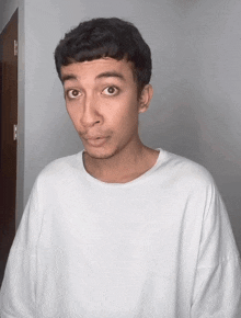 a man in a white shirt is making a face